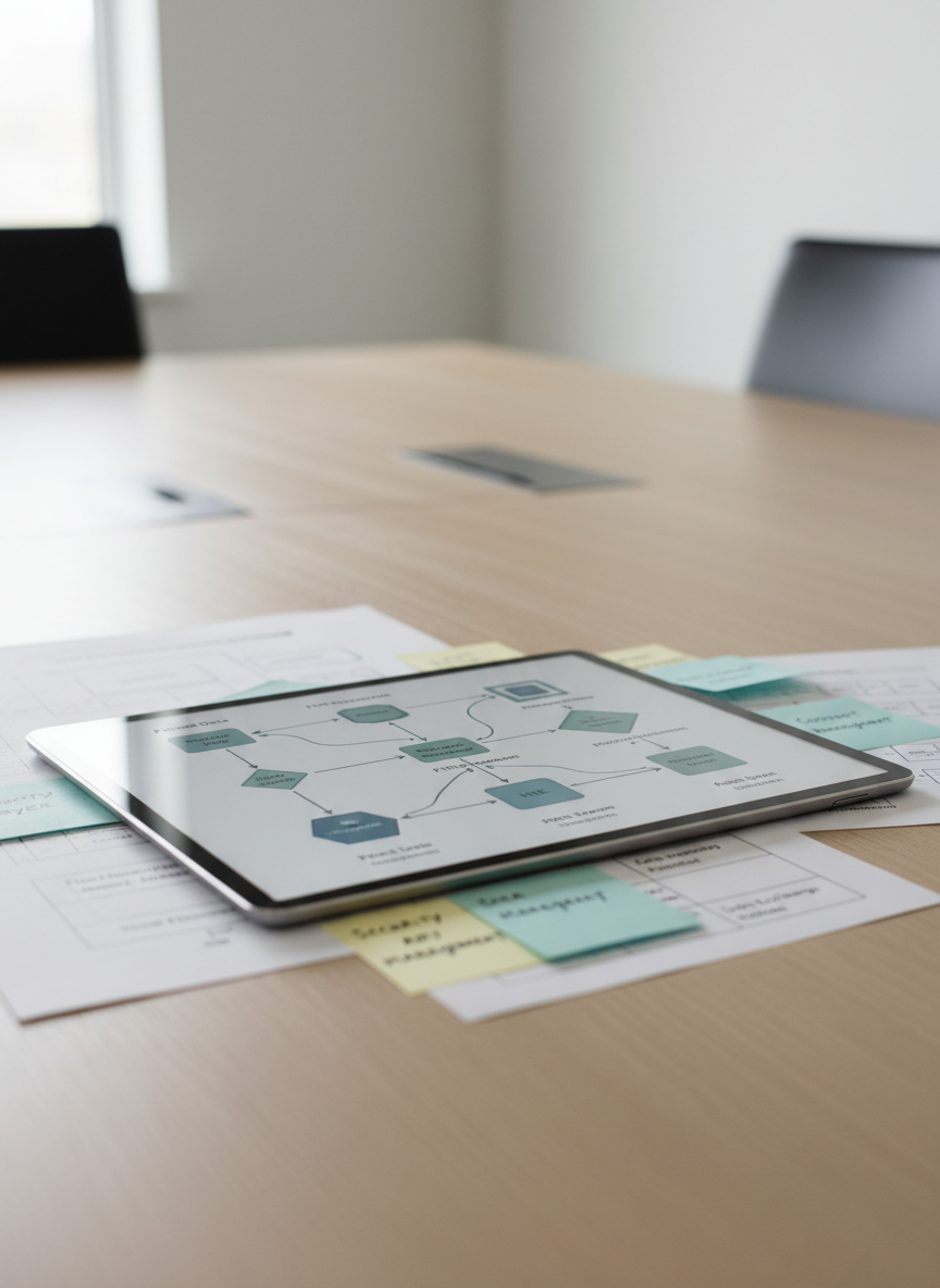 A close-up of a polished, stainless-steel tablet lying flat on a light oak conference table, its screen showing a clean schematic of a healthcare data flow diagram: FHIR resources, HL7 messages, and integration endpoints represented by precise icons and arrows in muted blues and greens. Around the tablet, color-coded sticky notes and neatly printed architecture diagrams are partially visible, suggesting a complex project distilled into order. Soft, diffused daylight spills across the table from the left, creating subtle highlights on the metal edges and gentle paper shadows. Captured from a low, shallow depth-of-field angle, the tablet is in razor-sharp focus while the background blurs into a calm, neutral gradient. The photographic, minimalist style conveys thoughtful planning and expert analysis of interoperability challenges.