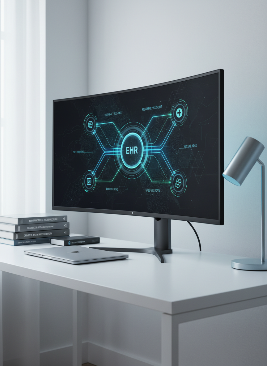 A large, ultra-wide curved monitor on a minimalist white desk displaying a detailed, multi-layered dashboard of interconnected healthcare systems: EHR icons, lab systems, pharmacy systems, and secure APIs linked by clean, glowing lines. Around the monitor, there are neatly stacked technical reference books, a closed laptop, and a slim, encrypted external drive, all carefully arranged. Soft natural daylight from an unseen window combines with a subtle cool desk lamp glow, creating balanced, professional lighting with gentle shadows. Shot from a slightly elevated three-quarter angle, the composition highlights the screen while keeping the workspace crisp and uncluttered. Photographic realism and a modern, professional mood emphasize clarity, analysis, and strategic oversight in healthcare technology integration.