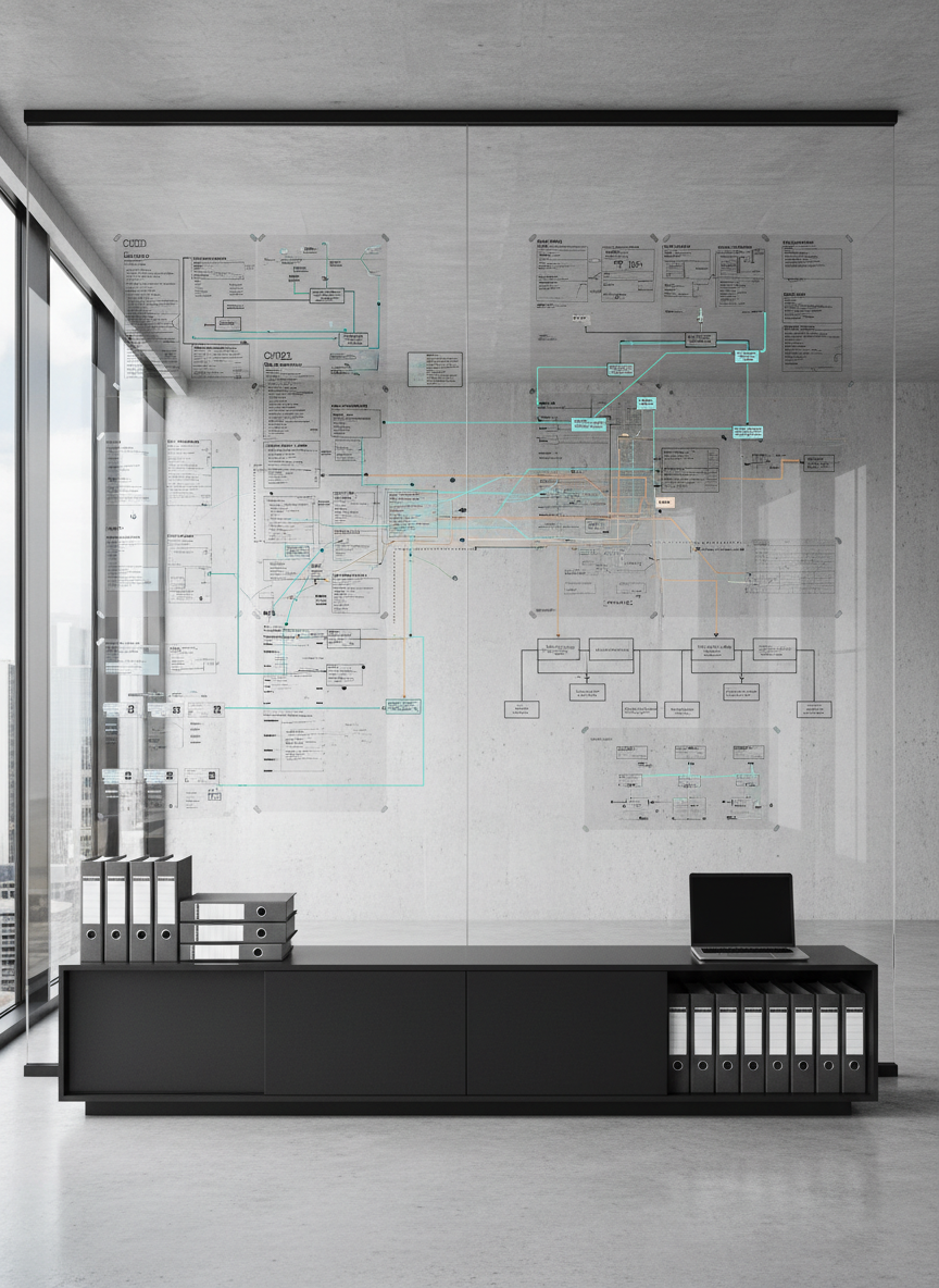 A large glass wall in a modern office space covered with meticulously arranged system architecture diagrams and data maps printed on clear acetate sheets, each labeled with terms like “CCD”, “FHIR”, “Master Patient Index”, and “Consent Management”. Transparent sticky overlays indicate data flows with thin, bright lines in teal and amber. The floor is smooth concrete, and a slim, matte-black credenza beneath the glass holds neatly stacked binders and a single, closed laptop. Natural afternoon light streams through adjacent windows, creating layered reflections of city buildings in the glass, blending the diagrams with the outside world. Photographed straight-on with sharp focus throughout, the clean, realistic aesthetic and balanced composition evoke strategic thinking, complexity made visible, and the bridging of healthcare and technology.