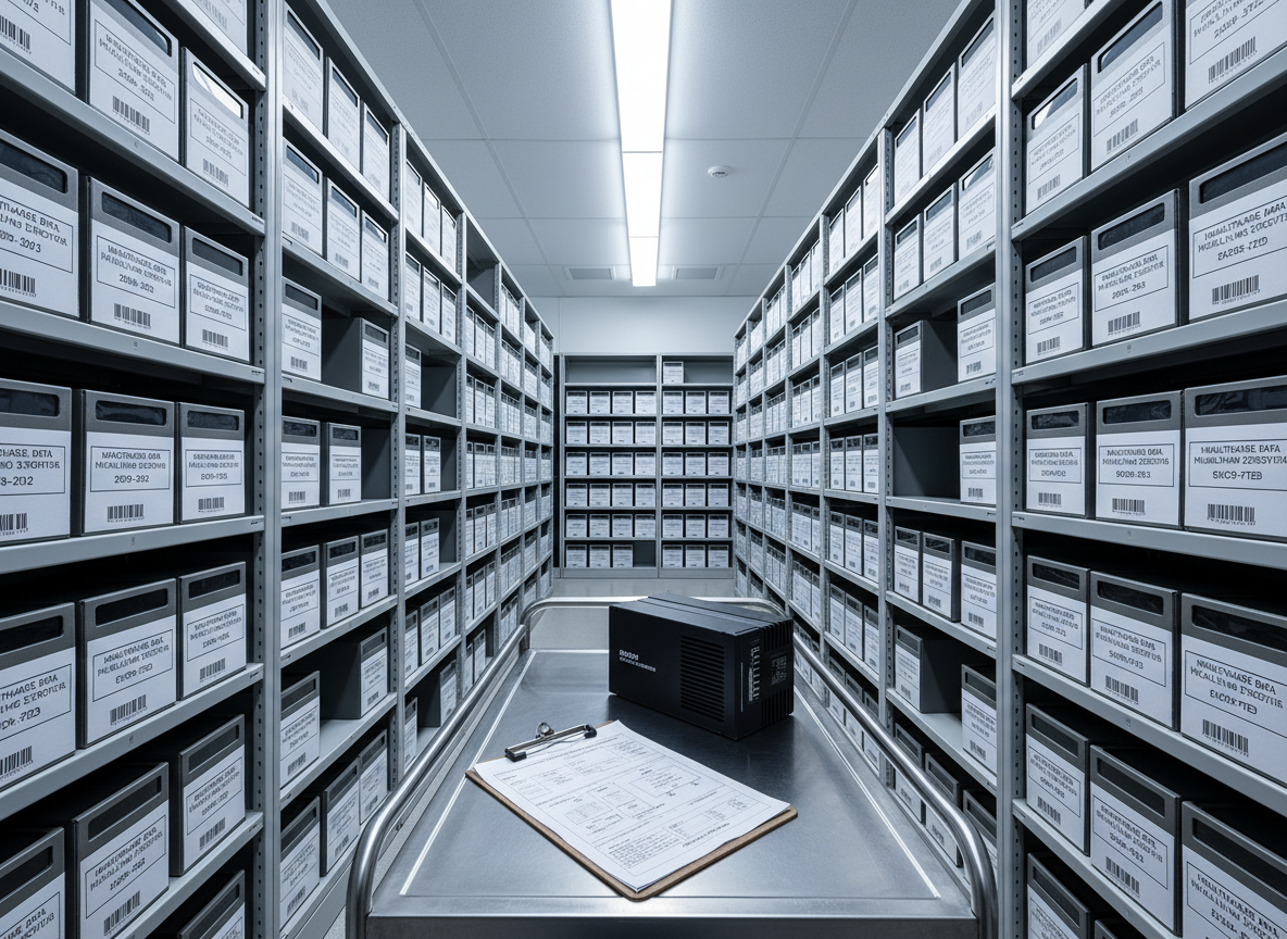 A secure, climate-controlled archive room lined with high-density shelving units that hold uniformly labeled archival boxes and encrypted tape cartridges, each marked with precise barcodes and dates, representing decades of healthcare data awaiting integration. On a central stainless-steel cart, a rugged, encrypted hard drive and a printed data migration plan rest atop a clipboard, hinting at a carefully orchestrated legacy system modernization. Overhead fluorescent lighting is softened by diffusers, creating even, shadow-minimized illumination that emphasizes order and control. Captured from a central, eye-level perspective with deep focus, every label and texture is crisply rendered. The photographic realism and restrained, professional mood underscore risk management, compliance, and the meticulous groundwork required for complex healthcare interoperability projects.