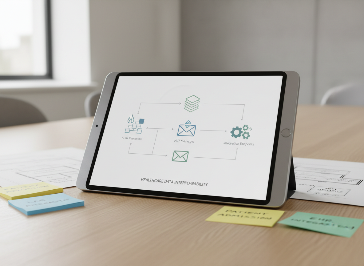 A close-up of a polished, stainless-steel tablet lying flat on a light oak conference table, its screen showing a clean schematic of a healthcare data flow diagram: FHIR resources, HL7 messages, and integration endpoints represented by precise icons and arrows in muted blues and greens. Around the tablet, color-coded sticky notes and neatly printed architecture diagrams are partially visible, suggesting a complex project distilled into order. Soft, diffused daylight spills across the table from the left, creating subtle highlights on the metal edges and gentle paper shadows. Captured from a low, shallow depth-of-field angle, the tablet is in razor-sharp focus while the background blurs into a calm, neutral gradient. The photographic, minimalist style conveys thoughtful planning and expert analysis of interoperability challenges.